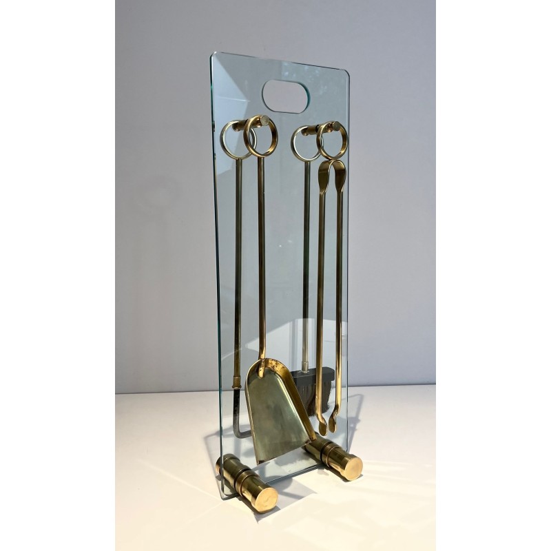 Modernist Glass and Brass Fireplace Companion Set with Ring-Handled Tools. France. Circa 1970.