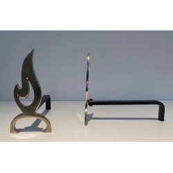 Pair of Brass Andirons with Cut-Out Flame Uprights. France. Circa 1920.