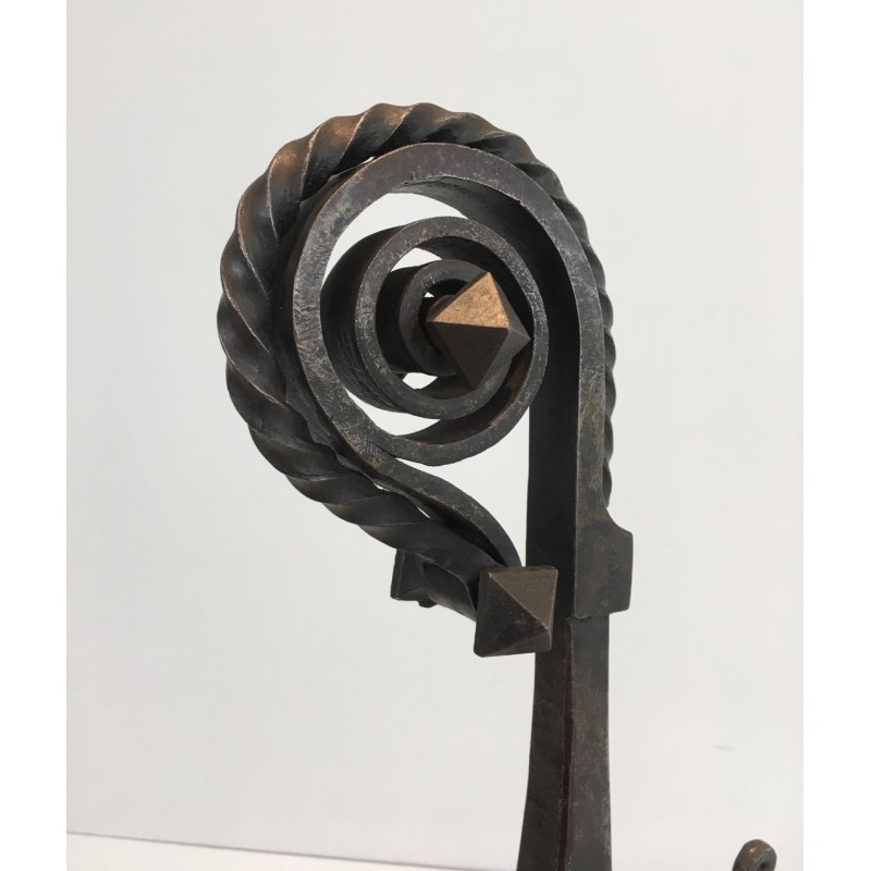 Monumental Pair of Wrought Iron Andirons with Snail-Shell Spiral Finials and Spit-Rest Arms. France. Circa 1900.