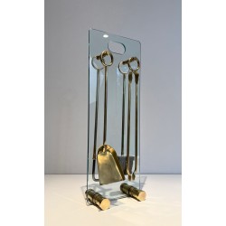 Modernist Glass and Brass Fireplace Companion Set with Ring-Handled Tools. France. Circa 1970.
