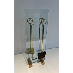 Nécessaire de Feu Moderniste en Verre et Laiton à Outils à Anneaux. France. Vers 1970.
