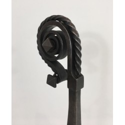 Monumental Pair of Wrought Iron Andirons with Snail-Shell Spiral Finials and Spit-Rest Arms. France. Circa 1900.