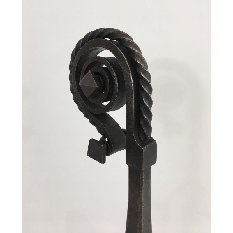 Monumental Pair of Wrought Iron Andirons with Snail-Shell Spiral Finials and Spit-Rest Arms. France. Circa 1900.