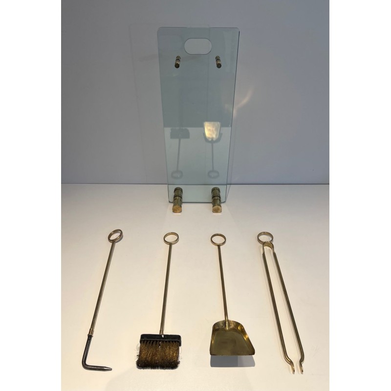 Modernist Glass and Brass Fireplace Companion Set with Ring-Handled Tools. France. Circa 1970.
