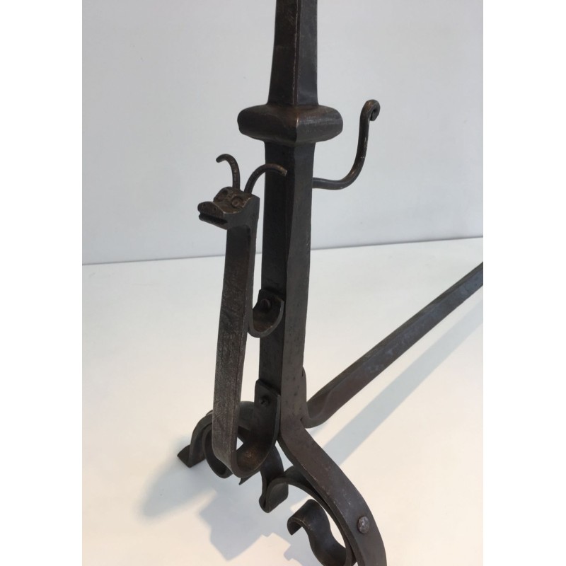 Monumental Pair of Wrought Iron Andirons with Snail-Shell Spiral Finials and Spit-Rest Arms. France. Circa 1900.