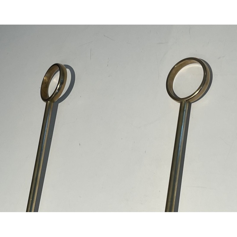 Nécessaire de Feu Moderniste en Verre et Laiton à Outils à Anneaux. France. Vers 1970.