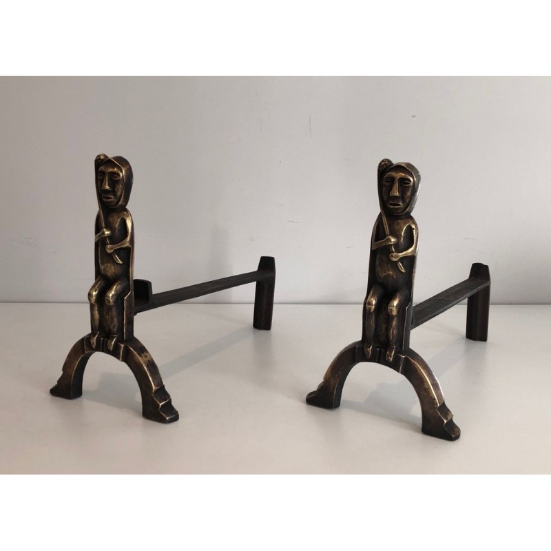 Pair of Bronze Andirons with Seated Shaman Figures, Monogrammed Anton Prinner. France. Circa 1930.