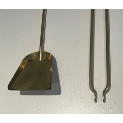 Modernist Glass and Brass Fireplace Companion Set with Ring-Handled Tools. France. Circa 1970.