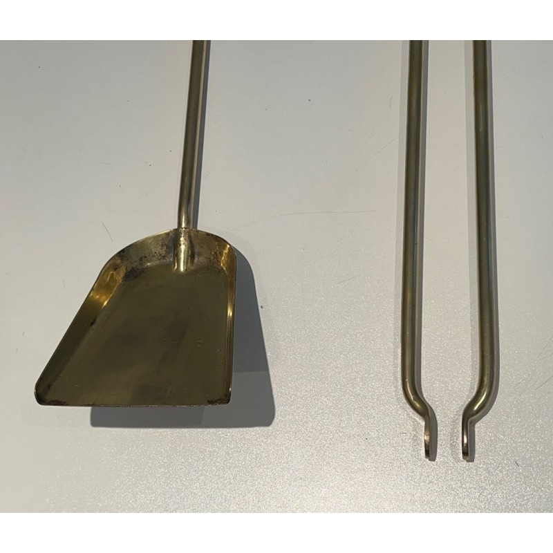 Modernist Glass and Brass Fireplace Companion Set with Ring-Handled Tools. France. Circa 1970.