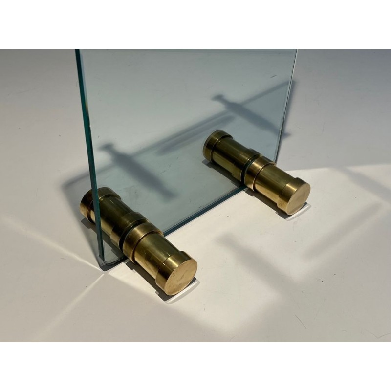 Modernist Glass and Brass Fireplace Companion Set with Ring-Handled Tools. France. Circa 1970.