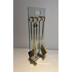 Nécessaire de Feu Moderniste en Verre et Laiton à Outils à Anneaux. France. Vers 1970.