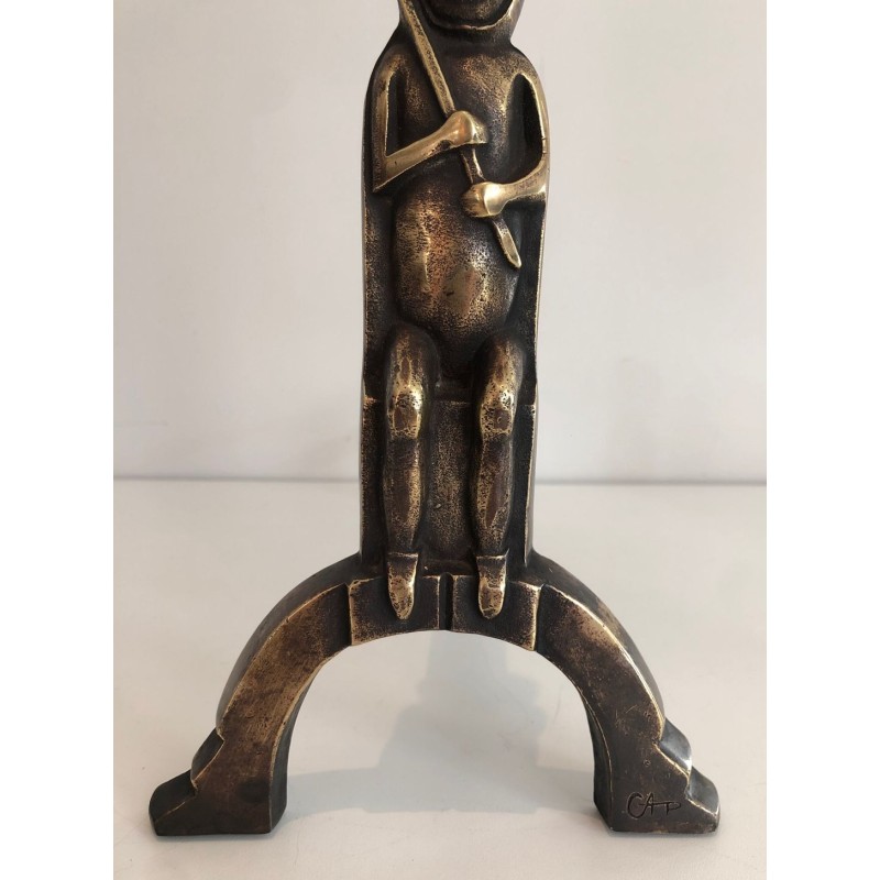 Pair of Bronze Andirons with Seated Shaman Figures, Monogrammed Anton Prinner. France. Circa 1930.