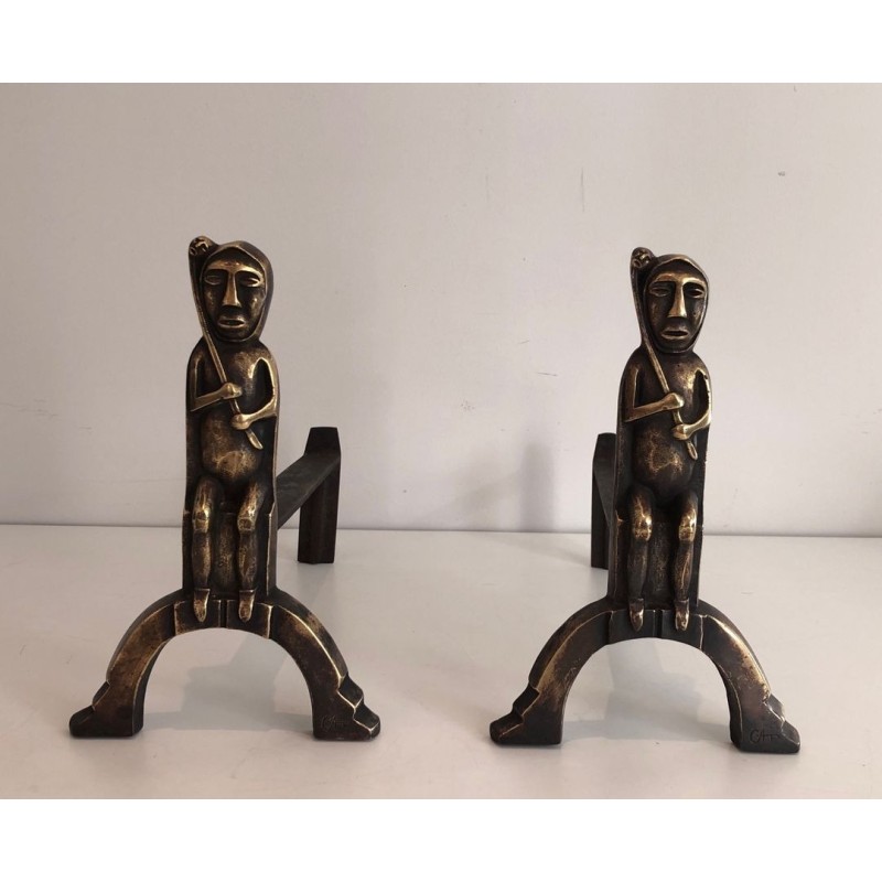 Pair of Bronze Andirons with Seated Shaman Figures, Monogrammed Anton Prinner. France. Circa 1930.