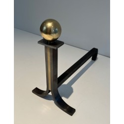 Pair of Modernist Steel and Brass Ball-Finial Andirons in the Manner of Jacques Adnet. France. Circa 1940.