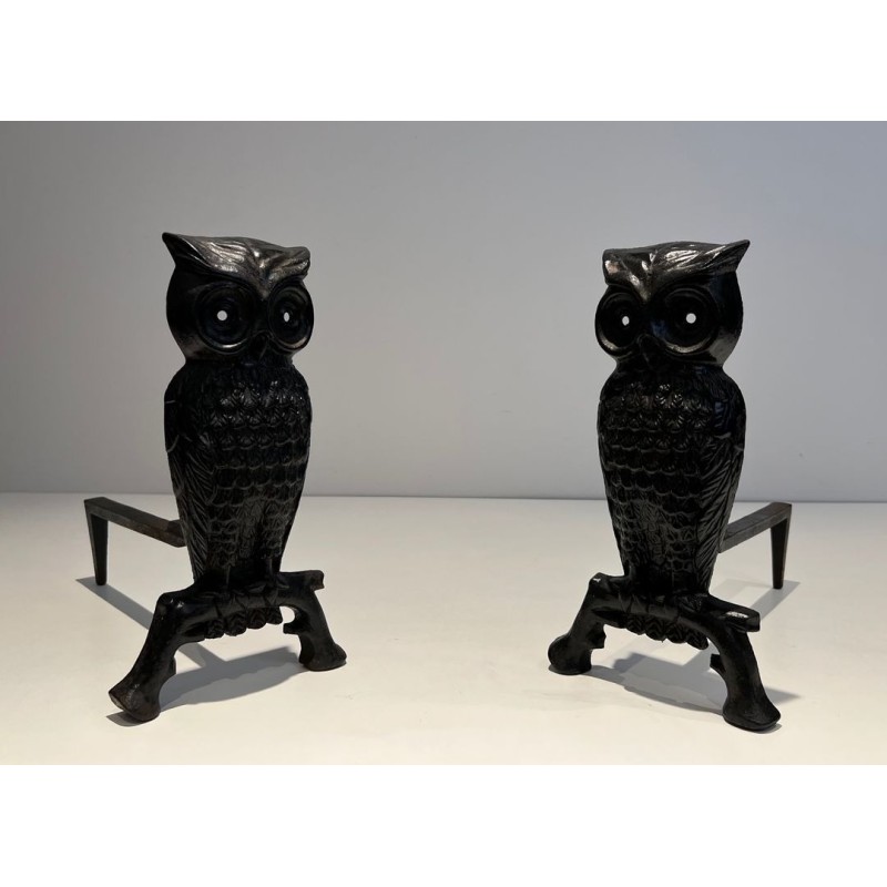 Pair of Blackened Cast Iron Owl Andirons. France. Circa 1970.