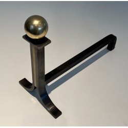 Pair of Modernist Steel and Brass Ball-Finial Andirons in the Manner of Jacques Adnet. France. Circa 1940.