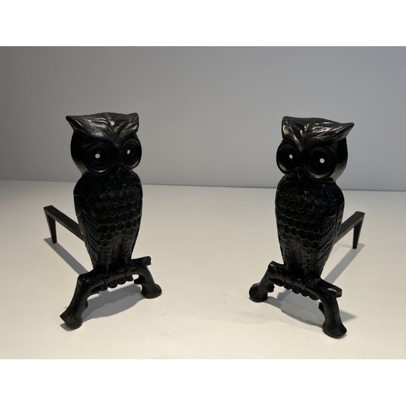 Pair of Blackened Cast Iron Owl Andirons. France. Circa 1970.