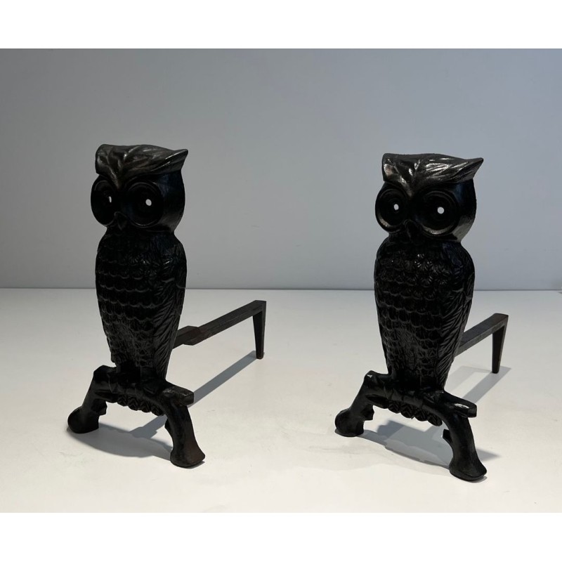 Pair of Blackened Cast Iron Owl Andirons. France. Circa 1970.