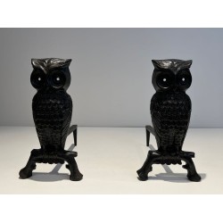 Pair of Blackened Cast Iron Owl Andirons. France. Circa 1970.