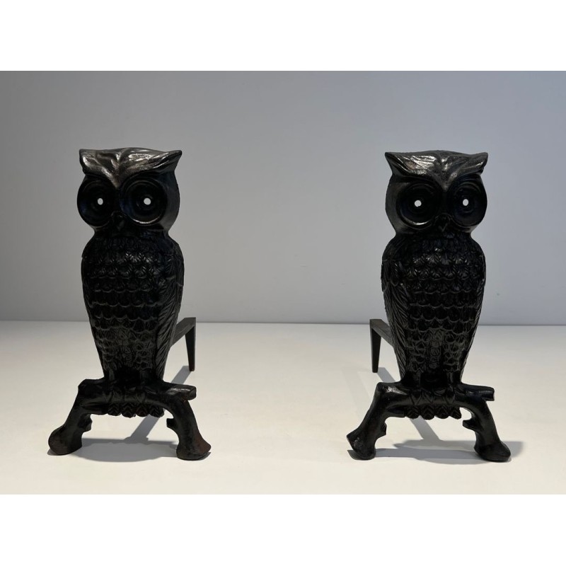 Pair of Blackened Cast Iron Owl Andirons. France. Circa 1970.