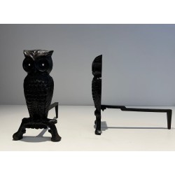 Pair of Blackened Cast Iron Owl Andirons. France. Circa 1970.