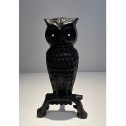 Pair of Blackened Cast Iron Owl Andirons. France. Circa 1970.