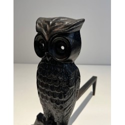 Pair of Blackened Cast Iron Owl Andirons. France. Circa 1970.