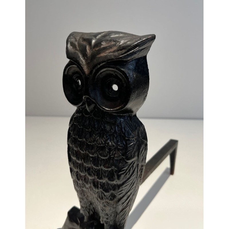 Pair of Blackened Cast Iron Owl Andirons. France. Circa 1970.