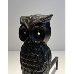 Pair of Blackened Cast Iron Owl Andirons. France. Circa 1970.