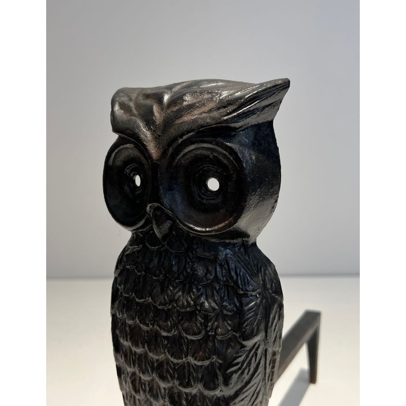 Pair of Blackened Cast Iron Owl Andirons. France. Circa 1970.
