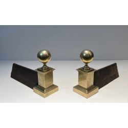 Pair of Large Neoclassical Brass Andirons with Ball Finials and Square Pedestals. France. Circa 1970.