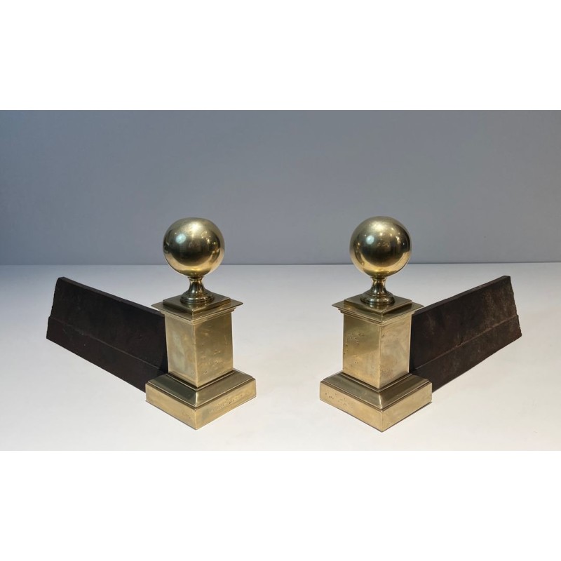 Pair of Large Neoclassical Brass Andirons with Ball Finials and Square Pedestals. France. Circa 1970.