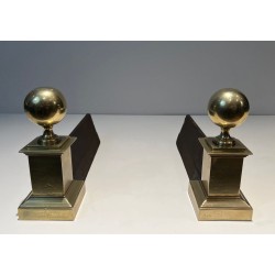 Pair of Large Neoclassical Brass Andirons with Ball Finials and Square Pedestals. France. Circa 1970.