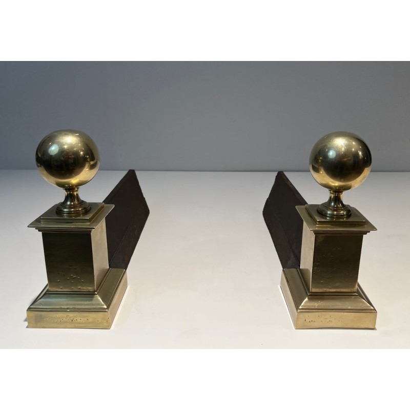 Pair of Large Neoclassical Brass Andirons with Ball Finials and Square Pedestals. France. Circa 1970.