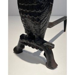 Pair of Blackened Cast Iron Owl Andirons. France. Circa 1970.