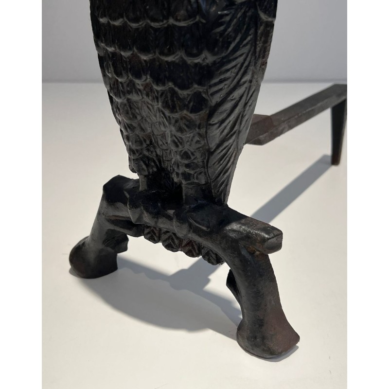 Pair of Blackened Cast Iron Owl Andirons. France. Circa 1970.