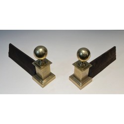 Pair of Large Neoclassical Brass Andirons with Ball Finials and Square Pedestals. France. Circa 1970.