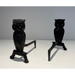 Pair of Blackened Cast Iron Owl Andirons. France. Circa 1970.