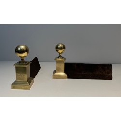 Pair of Large Neoclassical Brass Andirons with Ball Finials and Square Pedestals. France. Circa 1970.