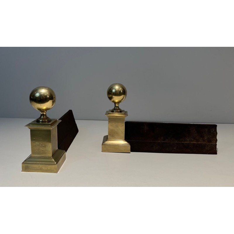 Pair of Large Neoclassical Brass Andirons with Ball Finials and Square Pedestals. France. Circa 1970.