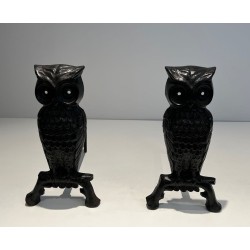 Pair of Blackened Cast Iron Owl Andirons. France. Circa 1970.