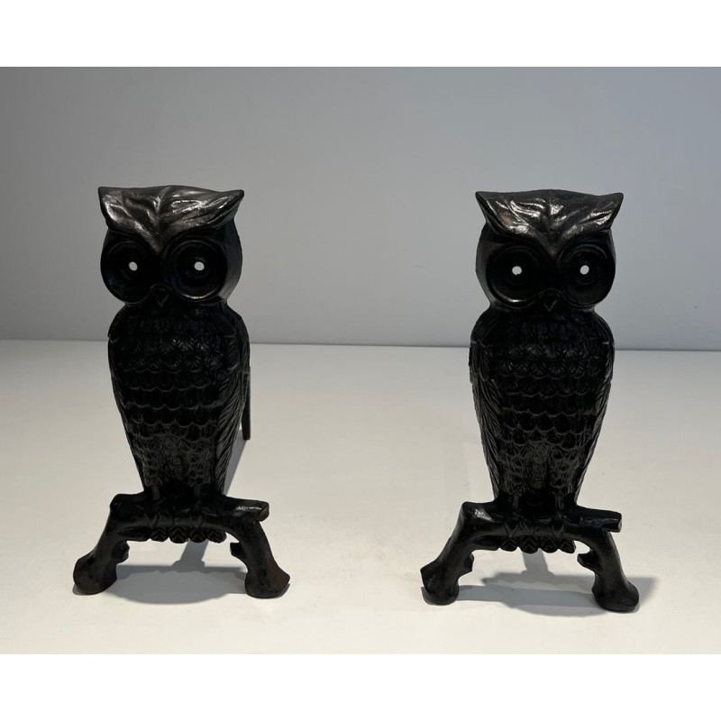 Pair of Blackened Cast Iron Owl Andirons. France. Circa 1970.