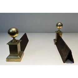 Pair of Large Neoclassical Brass Andirons with Ball Finials and Square Pedestals. France. Circa 1970.