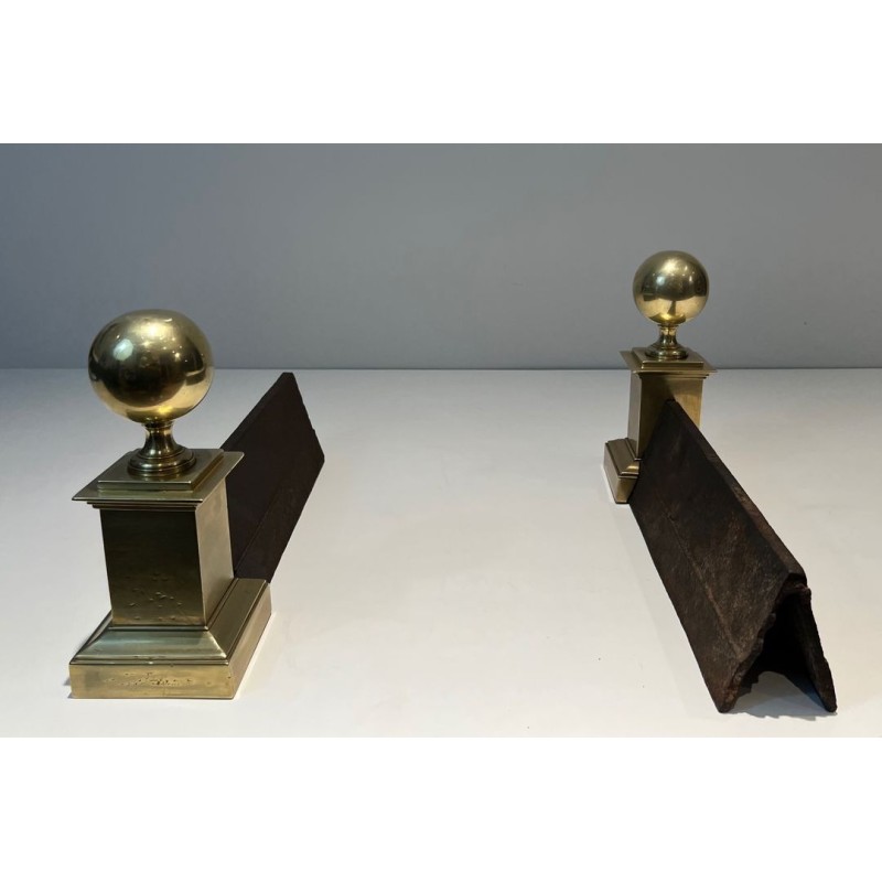 Pair of Large Neoclassical Brass Andirons with Ball Finials and Square Pedestals. France. Circa 1970.