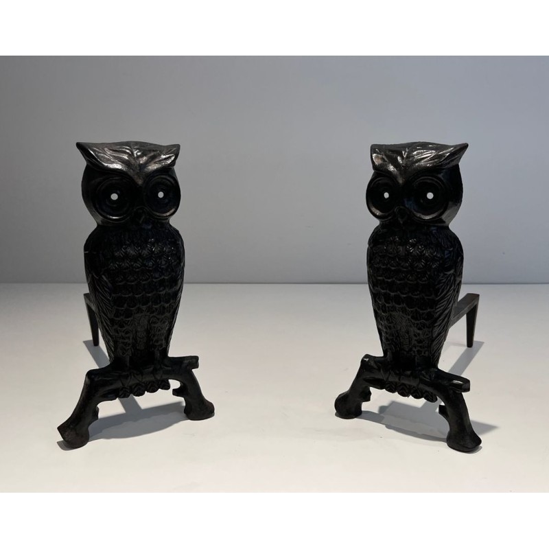 Pair of Blackened Cast Iron Owl Andirons. France. Circa 1970.