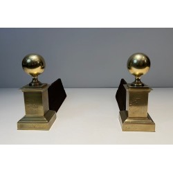 Pair of Large Neoclassical Brass Andirons with Ball Finials and Square Pedestals. France. Circa 1970.