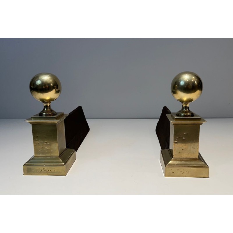 Pair of Large Neoclassical Brass Andirons with Ball Finials and Square Pedestals. France. Circa 1970.