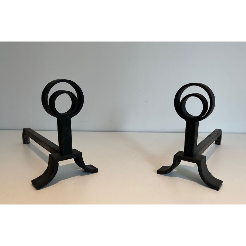 Pair of Modernist Cast Iron and Wrought Iron Andirons with Open-Ring Finials in the Manner of Jacques Adnet. France. Circa 1940.