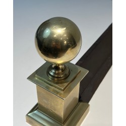 Pair of Large Neoclassical Brass Andirons with Ball Finials and Square Pedestals. France. Circa 1970.