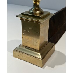 Pair of Large Neoclassical Brass Andirons with Ball Finials and Square Pedestals. France. Circa 1970.